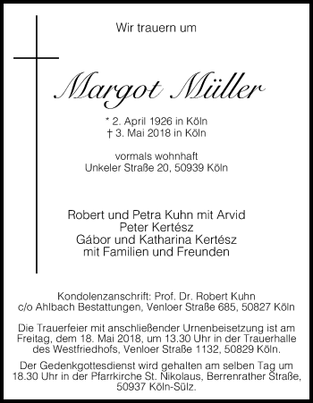 Anzeige von Margot Müller von Kölner Stadt-Anzeiger / Kölnische Rundschau / Express