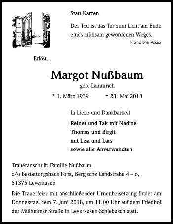 Anzeige von Margot Nussbaum von Kölner Stadt-Anzeiger / Kölnische Rundschau / Express