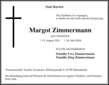 Anzeige von Margot Zimmermann von  Anzeigen Echo 
