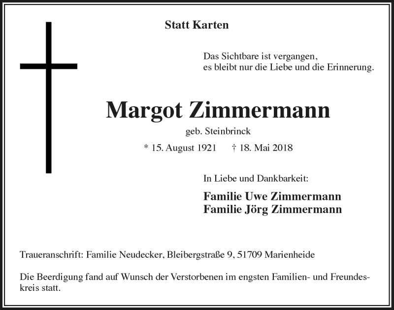  Traueranzeige für Margot Zimmermann vom 30.05.2018 aus  Anzeigen Echo 