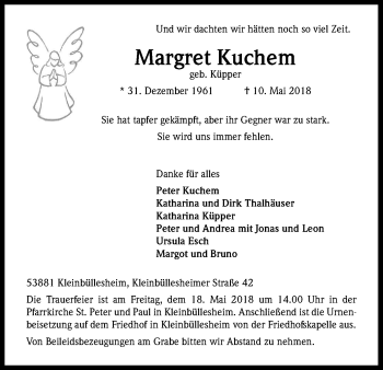 Anzeige von Margret Kuchem von Kölner Stadt-Anzeiger / Kölnische Rundschau / Express