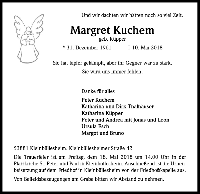  Traueranzeige für Margret Kuchem vom 16.05.2018 aus Kölner Stadt-Anzeiger / Kölnische Rundschau / Express