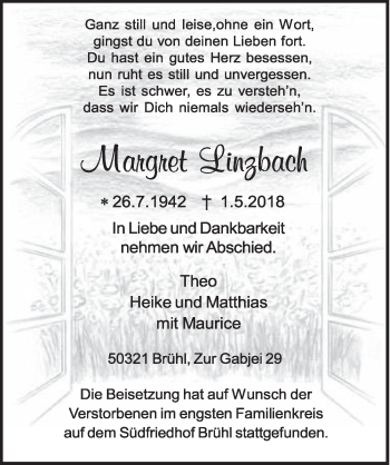 Anzeige von Margret Linzbach von  Schlossbote/Werbekurier 
