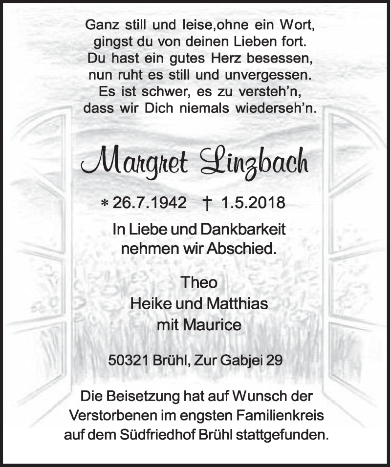  Traueranzeige für Margret Linzbach vom 16.05.2018 aus  Schlossbote/Werbekurier 