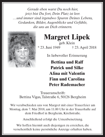 Anzeige von Margret Lipek von  Werbepost 