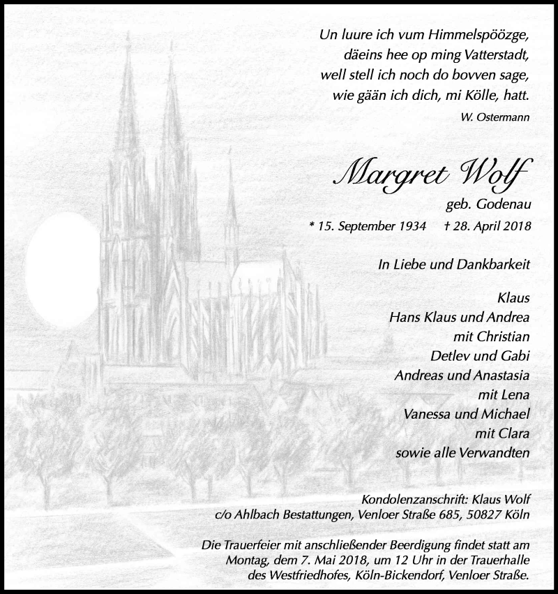  Traueranzeige für Margret Wof vom 05.05.2018 aus Kölner Stadt-Anzeiger / Kölnische Rundschau / Express