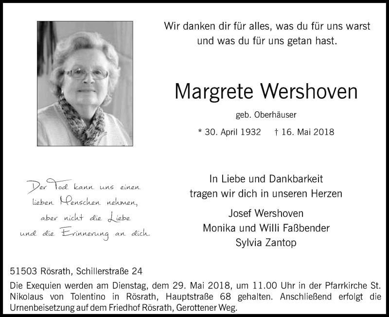  Traueranzeige für Margrete Wershoven vom 23.05.2018 aus Kölner Stadt-Anzeiger / Kölnische Rundschau / Express