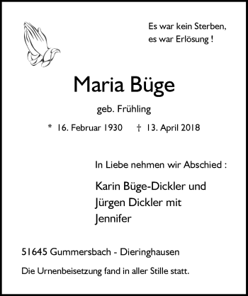 Anzeige von Maria Büge von  Anzeigen Echo 