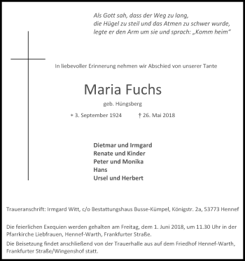 Anzeige von Maria Fuchs von Kölner Stadt-Anzeiger / Kölnische Rundschau / Express