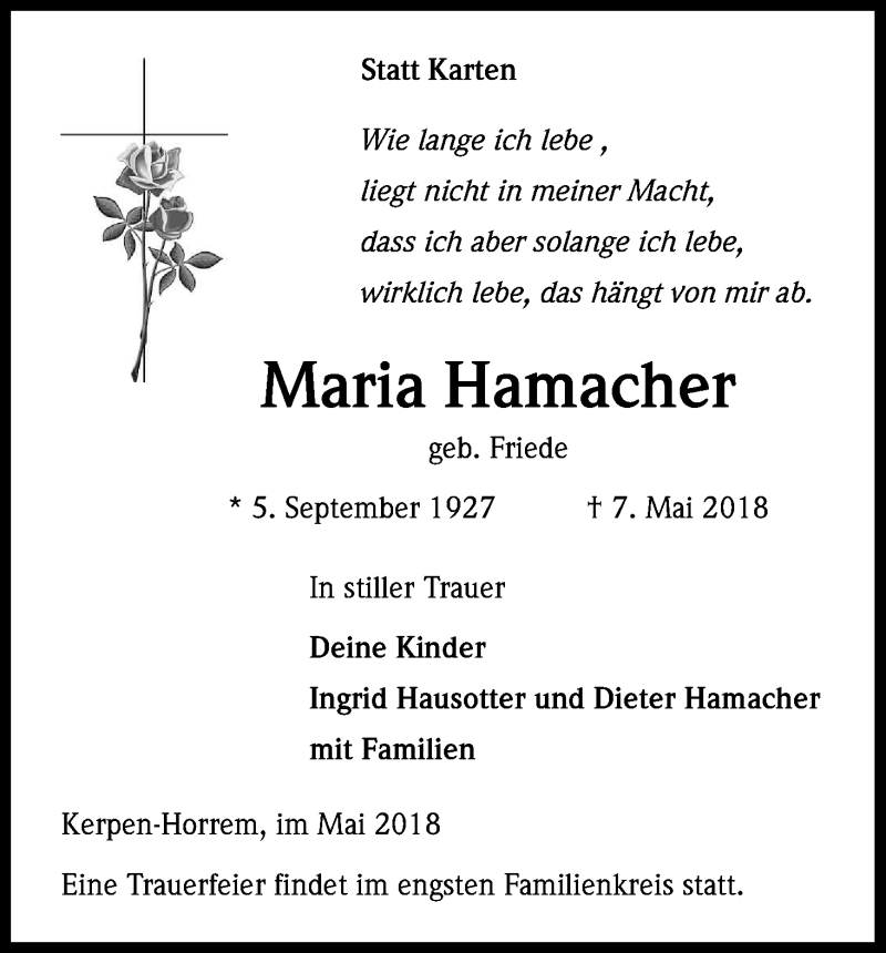  Traueranzeige für Maria Hamacher vom 19.05.2018 aus Kölner Stadt-Anzeiger / Kölnische Rundschau / Express