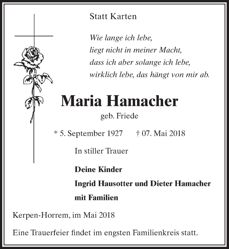  Traueranzeige für Maria Hamacher vom 19.05.2018 aus  Sonntags-Post 