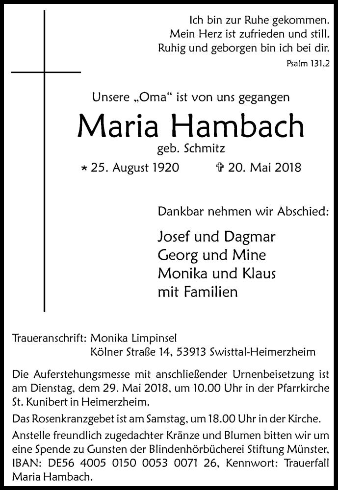  Traueranzeige für Maria Hambach vom 26.05.2018 aus Kölner Stadt-Anzeiger / Kölnische Rundschau / Express