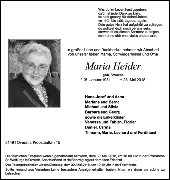 Anzeige von Maria Heider von Kölner Stadt-Anzeiger / Kölnische Rundschau / Express