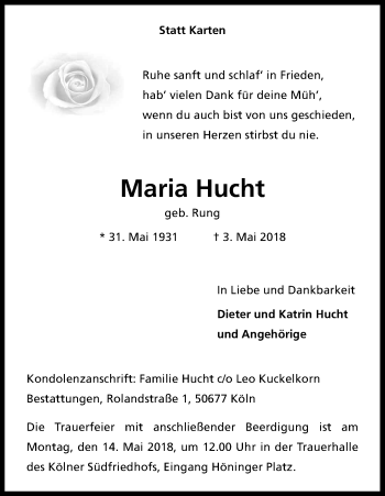 Anzeige von Maria Hucht von Kölner Stadt-Anzeiger / Kölnische Rundschau / Express