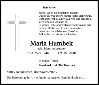 Anzeige von Maria Humbek von Kölner Stadt-Anzeiger / Kölnische Rundschau / Express