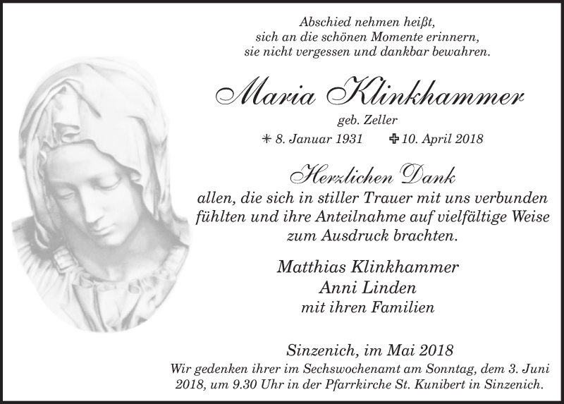  Traueranzeige für Maria Klinkhammer vom 26.05.2018 aus  Blickpunkt Euskirchen 