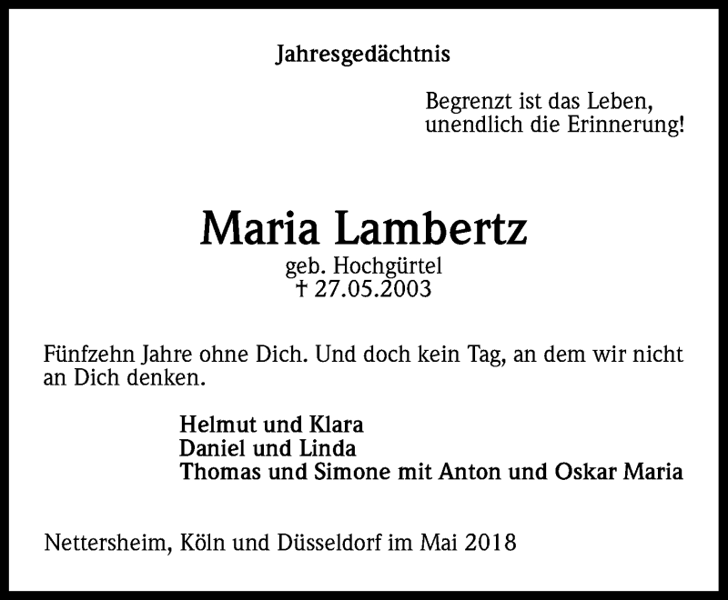  Traueranzeige für Maria Lambertz vom 30.05.2018 aus Kölner Stadt-Anzeiger / Kölnische Rundschau / Express