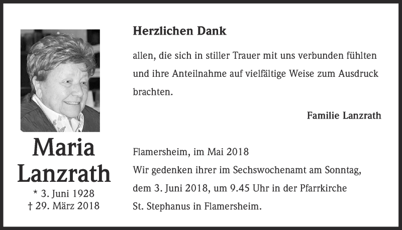  Traueranzeige für Maria Lanzrath vom 26.05.2018 aus  Blickpunkt Euskirchen 