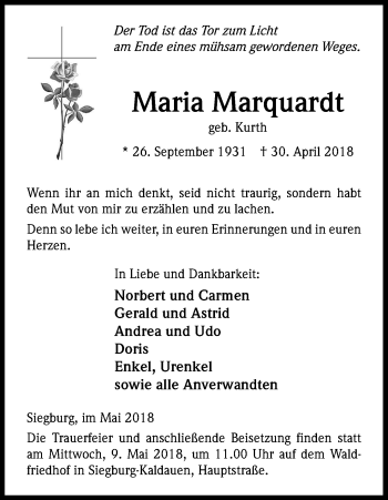 Anzeige von Maria Marquardt von Kölner Stadt-Anzeiger / Kölnische Rundschau / Express