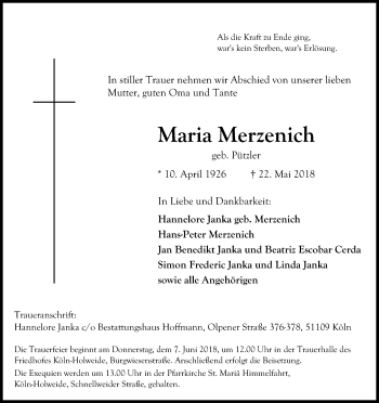 Anzeige von Maria Merzenich von Kölner Stadt-Anzeiger / Kölnische Rundschau / Express