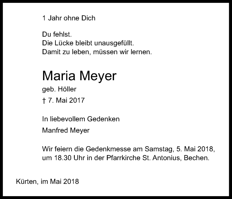  Traueranzeige für Maria Meyer vom 03.05.2018 aus Kölner Stadt-Anzeiger / Kölnische Rundschau / Express