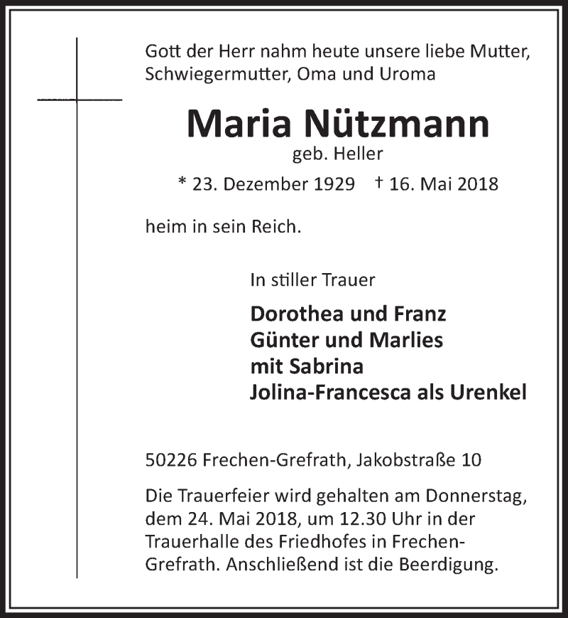  Traueranzeige für Maria Nützmann vom 19.05.2018 aus  Sonntags-Post 