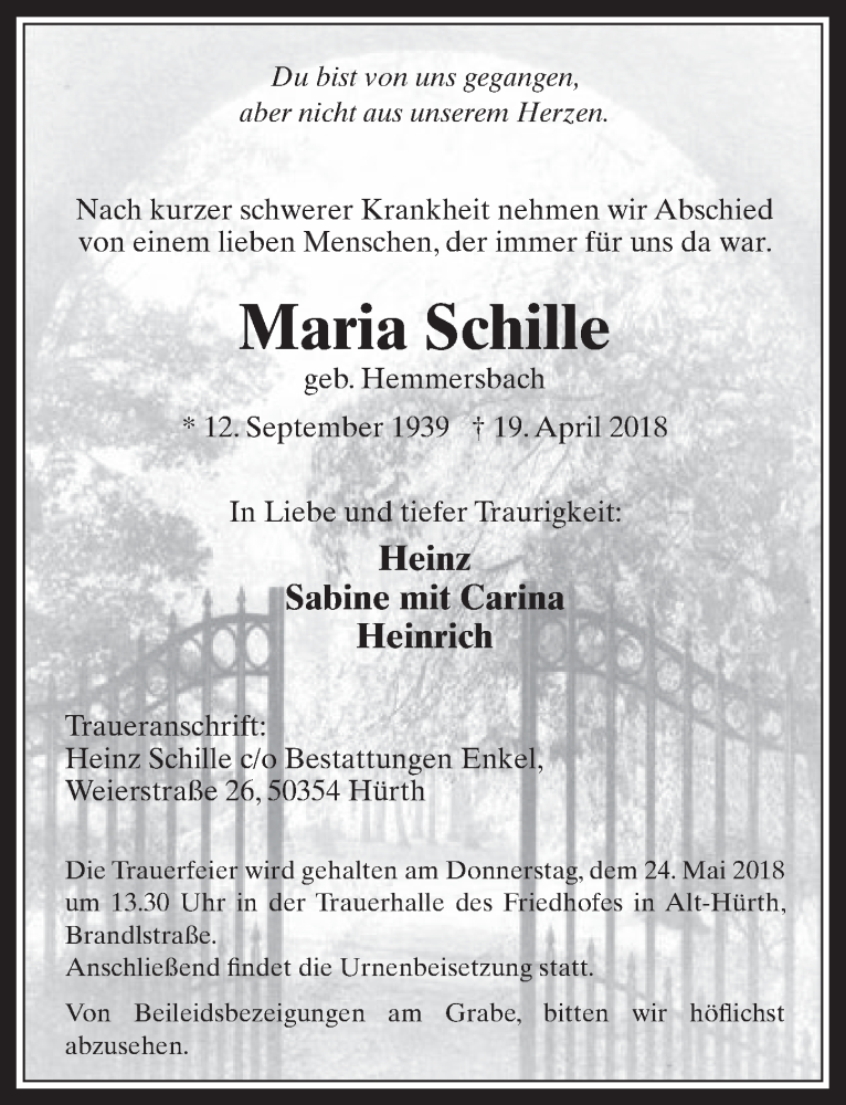  Traueranzeige für Maria Schille vom 16.05.2018 aus  Wochenende 