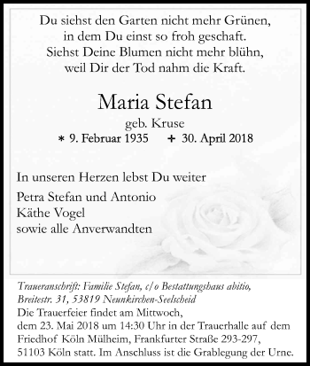 Anzeige von Maria Stefan von Kölner Stadt-Anzeiger / Kölnische Rundschau / Express