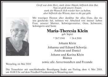 Anzeige von Maria-Theresia Klein von  Schlossbote/Werbekurier 