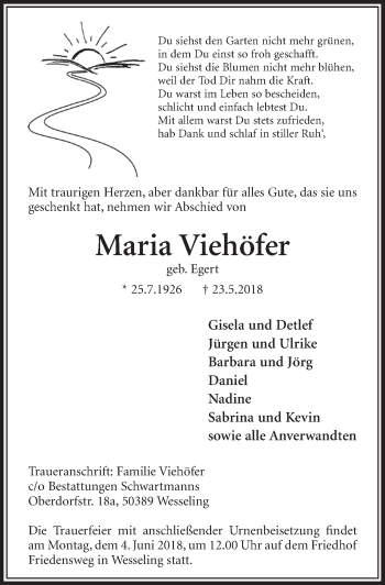 Anzeige von Maria Viehöfer von  Schlossbote/Werbekurier 
