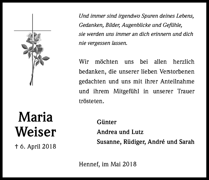  Traueranzeige für Maria Weiser vom 12.05.2018 aus Kölner Stadt-Anzeiger / Kölnische Rundschau / Express