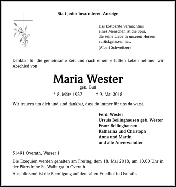 Anzeige von Maria Wester von Kölner Stadt-Anzeiger / Kölnische Rundschau / Express