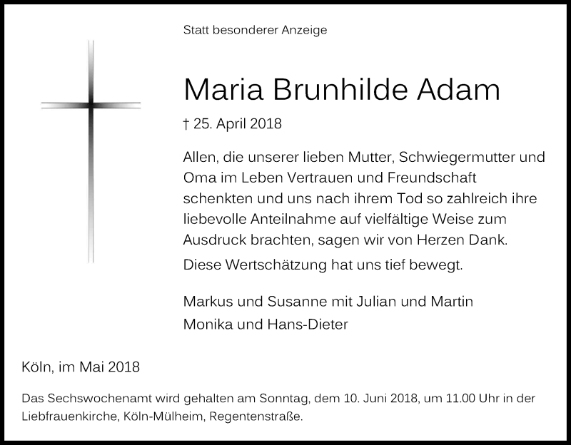  Traueranzeige für Maria Brunhilde Adam vom 19.05.2018 aus Kölner Stadt-Anzeiger / Kölnische Rundschau / Express