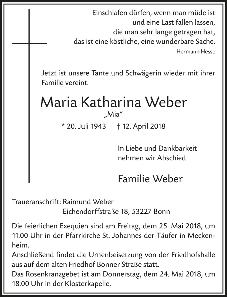  Traueranzeige für Maria Katharina Weber vom 16.05.2018 aus  Schaufenster/Blickpunkt 
