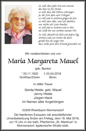 Anzeige von Maria Margareta Mauel von  Schaufenster/Blickpunkt 