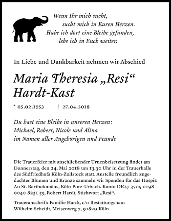 Anzeige von Maria Theresia Hardt-Kast von Kölner Stadt-Anzeiger / Kölnische Rundschau / Express