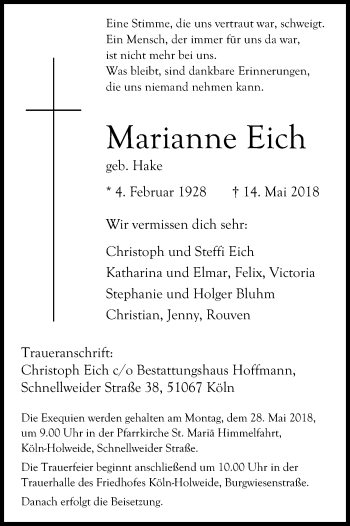 Anzeige von Marianne Eich von Kölner Stadt-Anzeiger / Kölnische Rundschau / Express