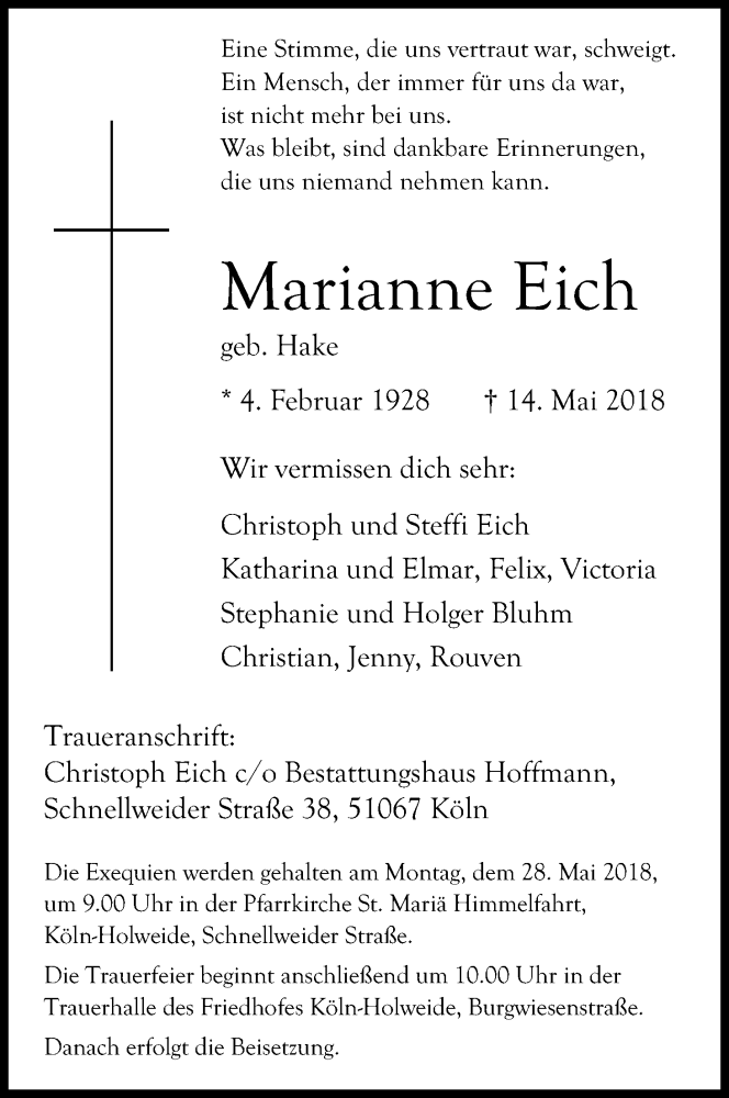  Traueranzeige für Marianne Eich vom 23.05.2018 aus Kölner Stadt-Anzeiger / Kölnische Rundschau / Express