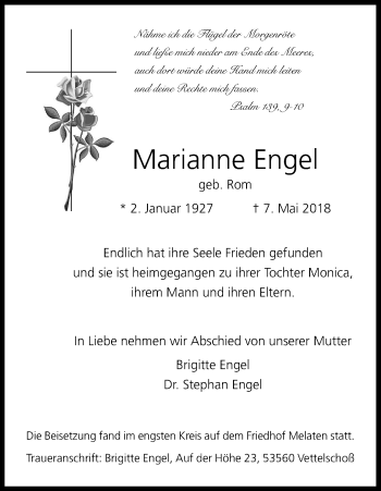 Anzeige von Marianne Engel von Kölner Stadt-Anzeiger / Kölnische Rundschau / Express