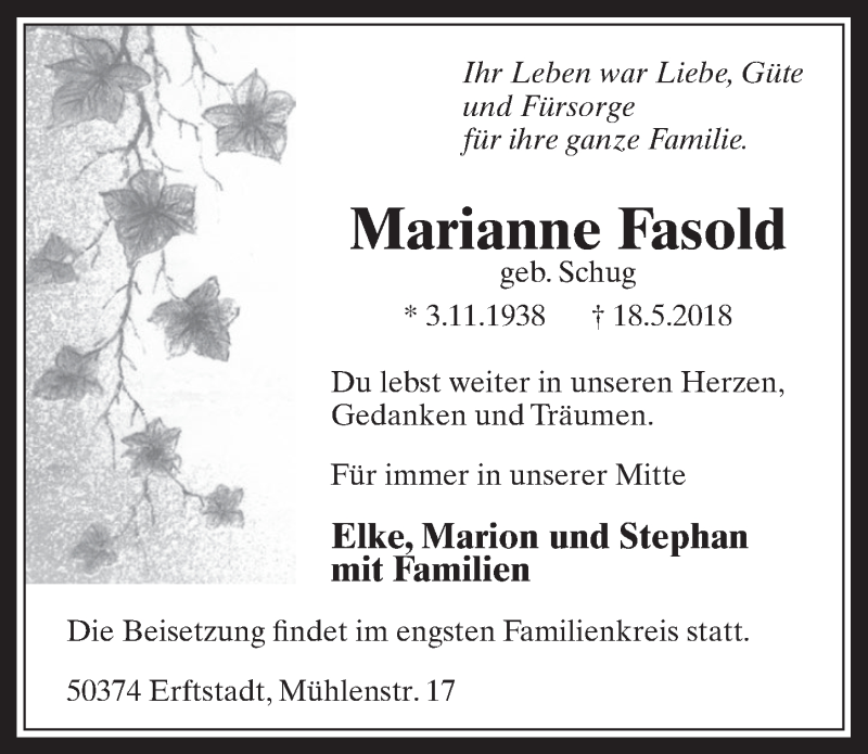  Traueranzeige für Marianne Fasold vom 30.05.2018 aus  Werbepost 