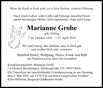 Anzeige von Marianne Grobe von Kölner Stadt-Anzeiger / Kölnische Rundschau / Express