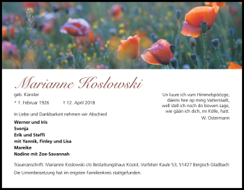 Anzeige von Marianne Koslowski von Kölner Stadt-Anzeiger / Kölnische Rundschau / Express