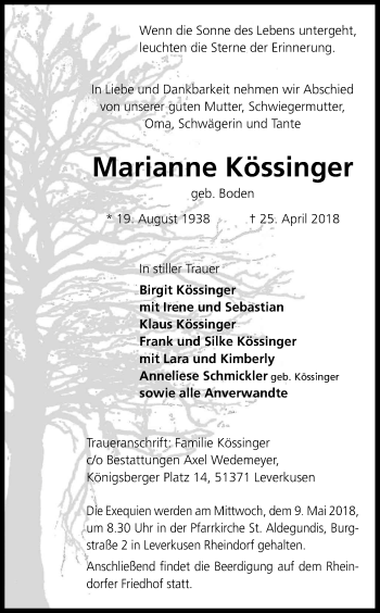 Anzeige von Marianne Kössinger von Kölner Stadt-Anzeiger / Kölnische Rundschau / Express