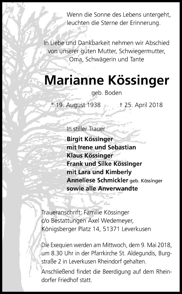  Traueranzeige für Marianne Kössinger vom 05.05.2018 aus Kölner Stadt-Anzeiger / Kölnische Rundschau / Express