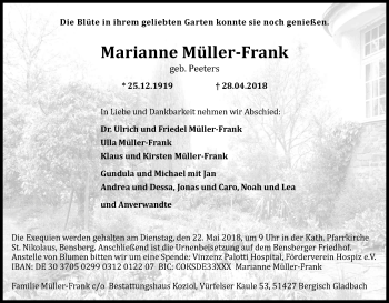 Anzeige von Marianne Müller-Frank von Kölner Stadt-Anzeiger / Kölnische Rundschau / Express