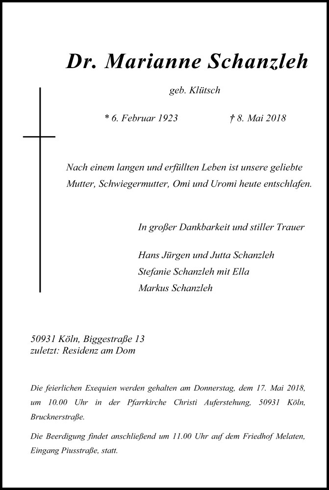  Traueranzeige für Marianne Schanzleh vom 12.05.2018 aus Kölner Stadt-Anzeiger / Kölnische Rundschau / Express