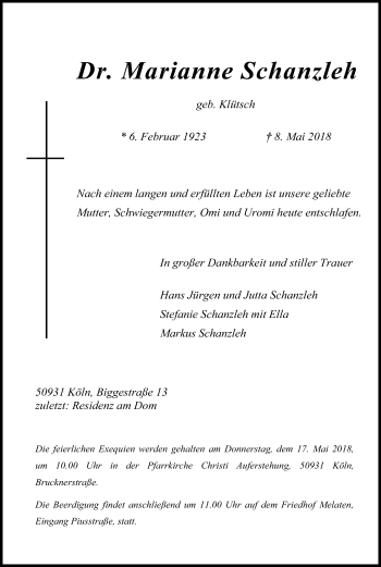 Anzeige von Marianne Schanzleh von Kölner Stadt-Anzeiger / Kölnische Rundschau / Express