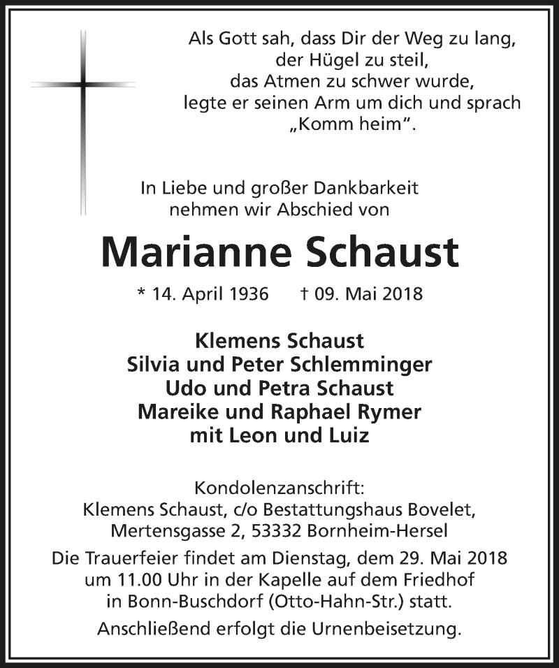  Traueranzeige für Marianne Schaust vom 16.05.2018 aus  Schaufenster/Blickpunkt 