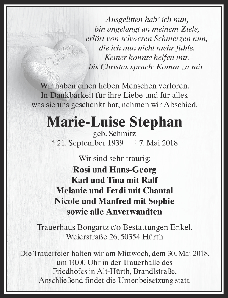  Traueranzeige für Marie-Luise Stephan vom 23.05.2018 aus  Wochenende 