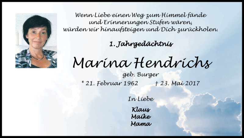  Traueranzeige für Marina Hendrichs vom 26.05.2018 aus Kölner Stadt-Anzeiger / Kölnische Rundschau / Express